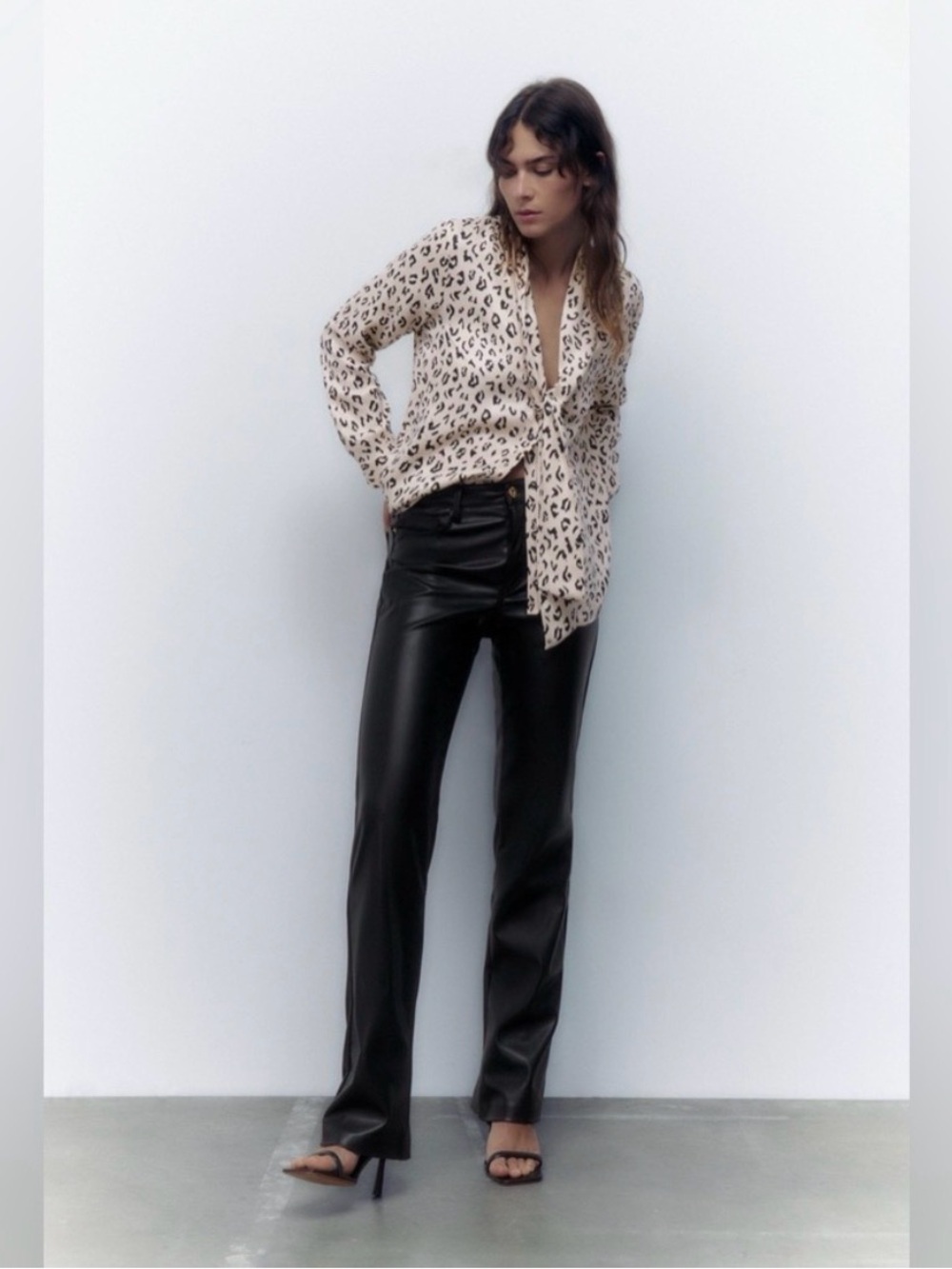 NWT Leopard Print Tie Neck Blouse Long Sleeve Satin Tie Front Top Women’s smal